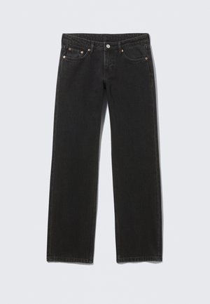 Jeans in denim nero con un design a gamba dritta, featuring cinque tasche, dettagli in metallico rame, e una vita classica.