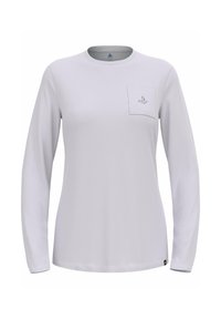 Helles graues Langarmshirt aus glattem Stoff, mit einer Brusttasche und einem Logoelement in der Nähe des Ausschnitts. Abgerundeter Kragen, reguläre Passform.