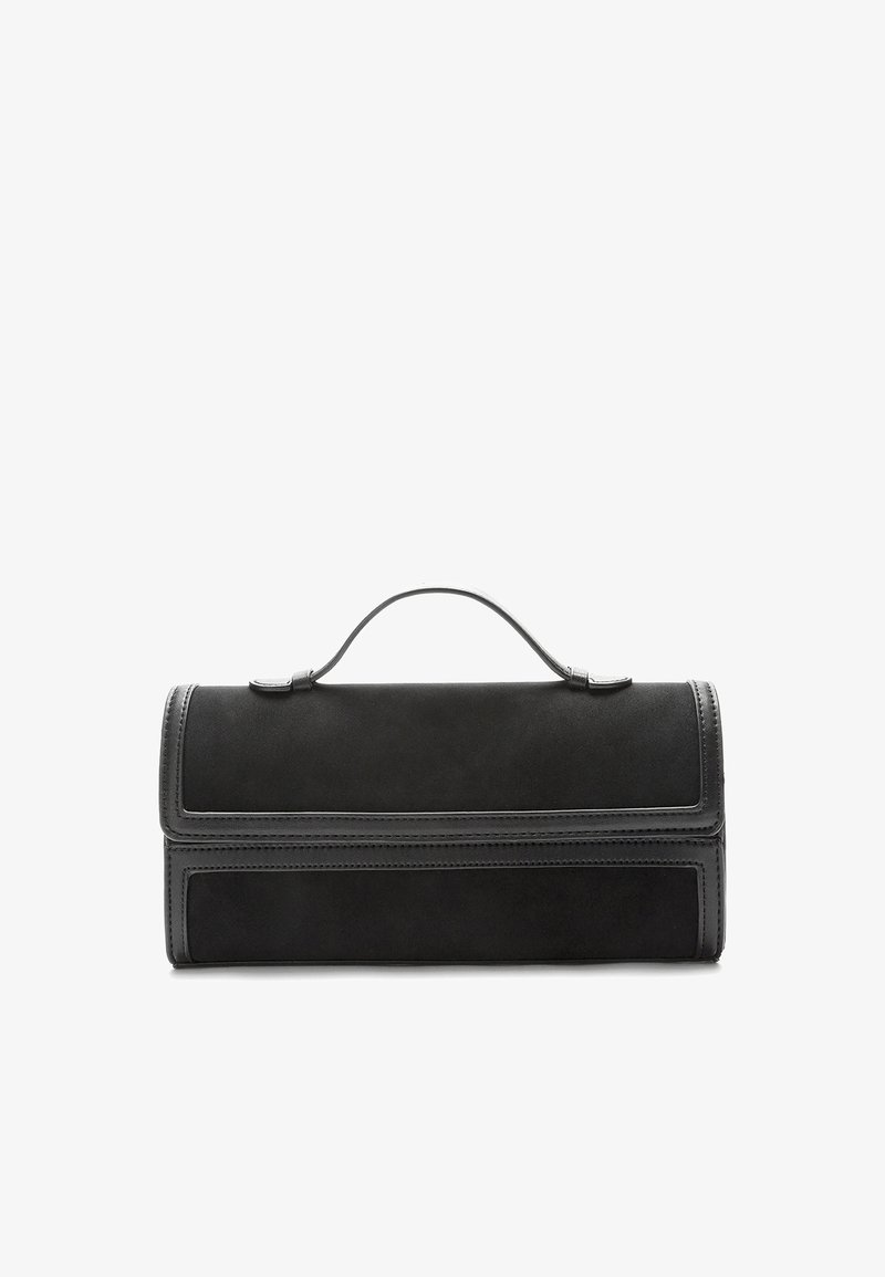 Crna kožna torba pravokutnog, strukturiranog oblika, s gornjom ručkom, detaljima kontrastnog šivanja i glatkom teksturom.