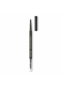 Matita per sopracciglia automatica con effetto microblading. Corpo grigio scuro, punta fine, spazzolino trasparente e dettagli brandizzati.