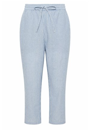Pantalon à cordon de serrage rayé vertical bleu clair et blanc, avec taille élastique, longueur raccourcie et coupe ample.