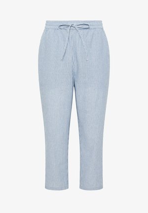 Lichtblauwe en witte broek met verticale strepen, trekkoord, elastische tailleband, cropped lengte en losse pasvorm.