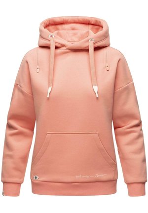 Haut à capuche rose en tissu doux, doté d'une poche avant, d'un capuchon ajustable avec cordon de serrage et de poignets côtelés avec un détail de logo sur l'ourlet.