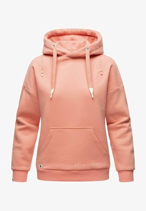 Haut à capuche rose en tissu doux, doté d'une poche avant, d'un capuchon ajustable avec cordon de serrage et de poignets côtelés avec un détail de logo sur l'ourlet.