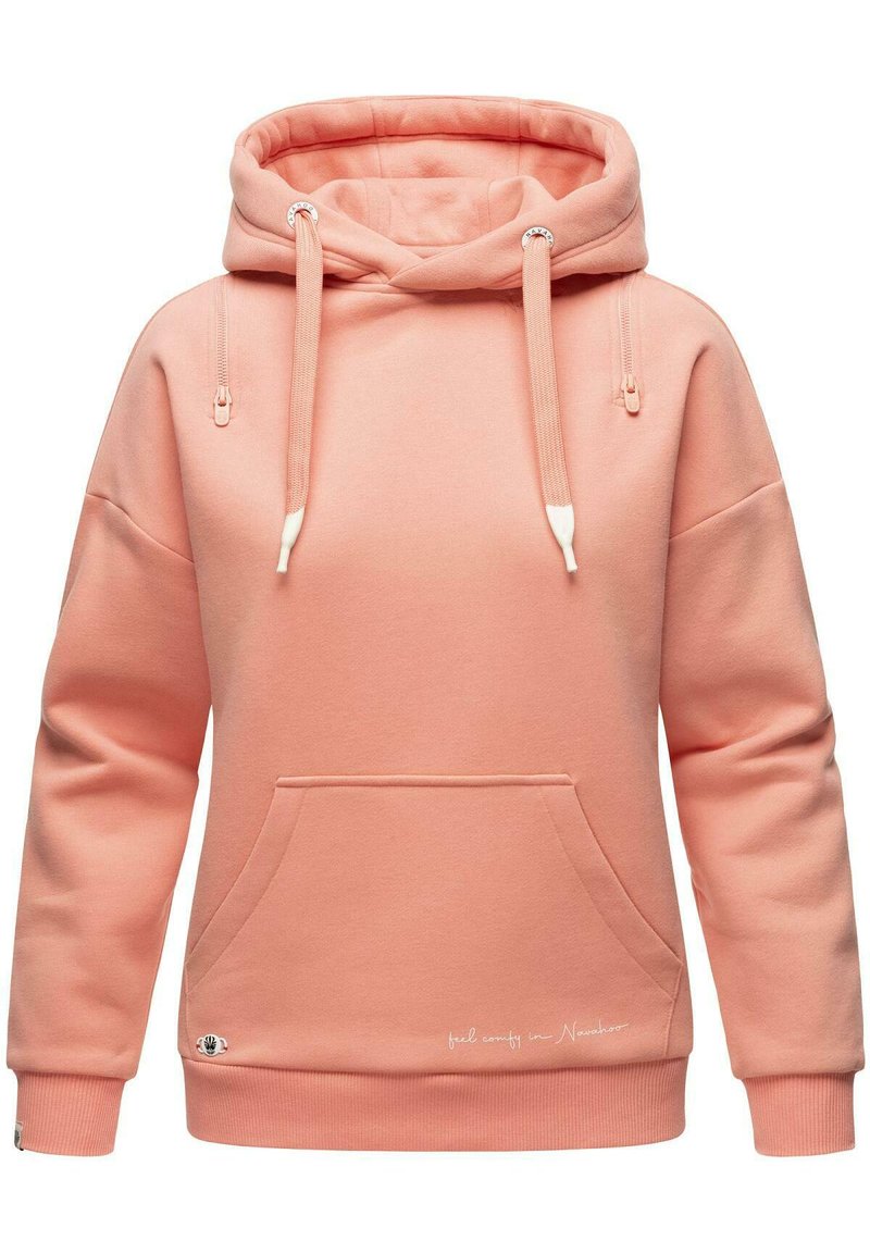 Pink hoodie made of soft fabric, featuring a front pocket, adjustable drawstring hood, and ribbed cuffs with a logo detail on the hem.