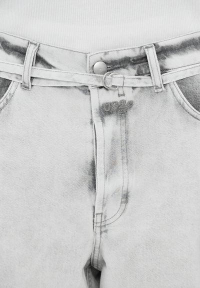 Light gray distressed denim jeans with a fitted waist, silver button closure, and a belt feature. Includes subtle fading and textured fabric.