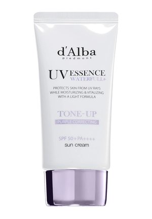 d'Alba UVessence Waterfull+ Tone-up lila korrigierende Sonnencreme mit SPF 50+ PA++++ in einer weißen und lavendelfarbenen Tube.
