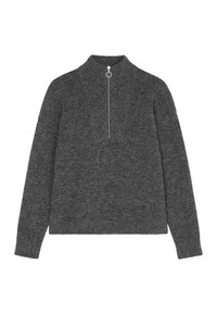 Maglione a maniche lunghe grigio scuro in maglia con colletto alto e una zip frontale con un'impugnatura rotonda.