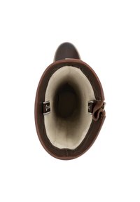 Bruine leren laars met een gladde buitenkant en een zachte, crèmekleurige binnenvoering. Heeft een afgeronde bovenkant en een zijhandgreep.