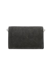 Clutch in suede grigio con forma rettangolare e piccoli dettagli in metallo ai lati, caratterizzato da una texture morbida e un design semplice.