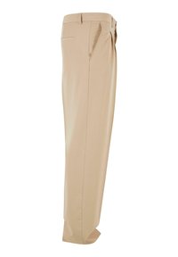 Beige broek met een recht model, gemaakt van een gladde stof. Voorzien van een tailleband, zijzakken en een enkele achterzak.