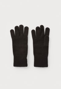 Svarta stickade handskar med separerade fingrar, med en ribbad mudd för extra värme. Texturen ser mjuk och flexibel ut.