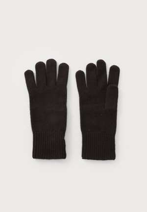 Sorte strikkede hansker med separate fingre, med en ribbestrikket mansjett for ekstra varme. Teksturen ser myk og fleksibel ut.