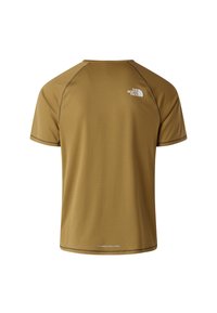 Short-sleeve, crew-neck t-shirt in a textured mustard color. Features reflective detailing and a white logo on the upper back.