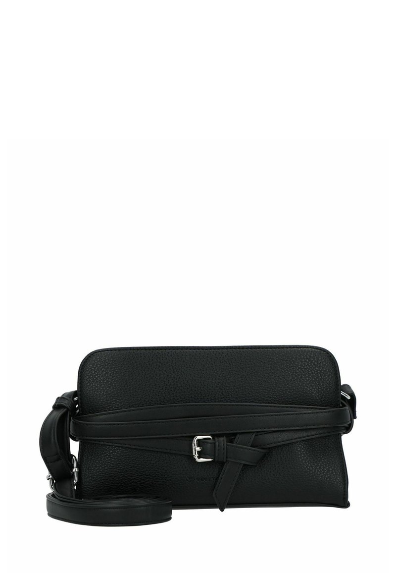 Borsa a tracolla in pelle nera con finitura testurizzata, forma rettangolare e dettaglio della tracolla annodata. Dotata di una tracolla rimovibile.