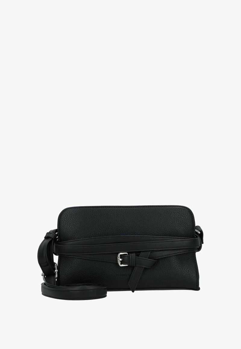 Borsa a tracolla in pelle nera con finitura testurizzata, forma rettangolare e dettaglio della tracolla annodata. Dotata di una tracolla rimovibile.