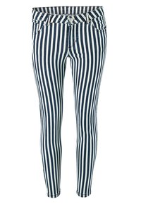 Randiga jeans i marinblått och vitt. Slim fit med knäppning, bältesöglor och framfickor. Vertikala ränder är genomgående.