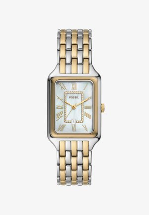 Rechthoekig Fossil horloge met een parelmoeren wijzerplaat, een bicolor metalen band in goud en zilver, Romeinse cijfer markers en kristalaccenten.