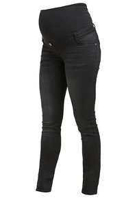Jeans de maternidade pretos com um cós alto, ajuste slim e design clássico de cinco bolsos, com costura decorativa e fecho frontal com botão.