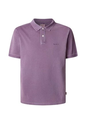Purple polo shirt made of cotton, featuring a three-button placket, short sleeves, and a small logo embroidered on the chest.