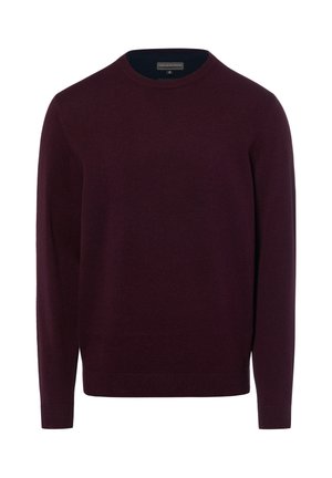 Pull bordeaux foncé à col rond et manches longues, avec poignets et ourlet côtelés, présenté sur un fond blanc uni.