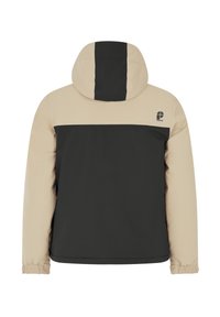 Kapuzenshirt mit schwarzer Vorderseite und beigen Ärmeln. Elastische Bündchen und Saum. Mit einem Logo auf dem oberen Rücken. Glatte Textur.