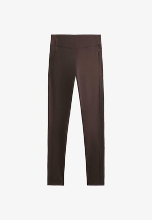Leggings sportivi marroni con una texture liscia, cuciture piatte e tasche con zip su entrambi i lati. Design aderente con un tessuto elasticizzato.