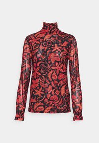 Top aderente nero trasparente con motivi floreali rossi e astratti, maniche lunghe e polsini arricciati. Design leggero e aderente.