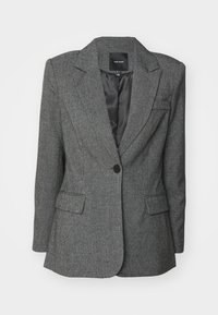 Grijze blazer van een gestructureerde stof, met een notch-lapel, enkele knoopsluiting en twee vo pockets. Voering van binnenin zichtbaar.