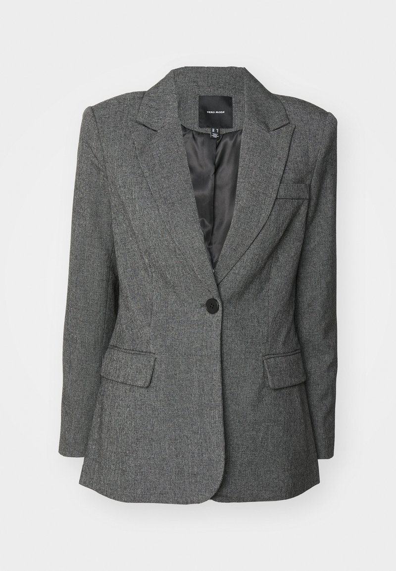 Blazer grigio realizzato in un tessuto strutturato, con revers a notched, chiusura con un solo bottone e due tasche frontali. Fodera interna visibile.