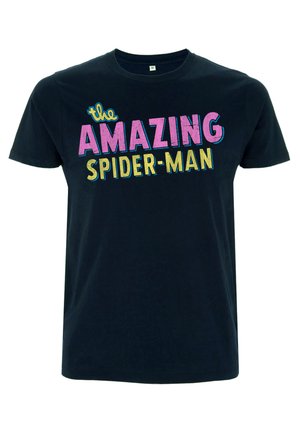 Schwarzes Baumwoll-T-Shirt mit buntem Text: "der AMAZING SPIDER-MAN" in Pink, Gelb und Blau, mit klassischem Rundhalsausschnitt.