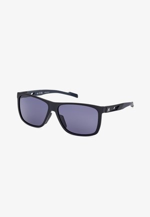Black rectangular sunglasses with dark grey lenses, matte finish, rubber accents, and logo detail on the temple. Lightweight design for comfort.