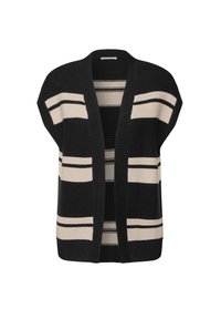 Strick-Cardigan mit schwarzem Grund und cremefarbenen horizontalen Streifen. Mit offener Front und weit geschnittenen Ärmeln, aus strukturiertem Stoff.