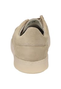 Baskets en suede beige avec un dos arrondi, une semelle en caoutchouc et des détails brodés. Design simple avec des accents minimaux sur une texture lisse.