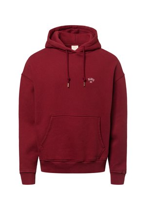 Bordeauxfarbener Hoodie aus weichem Material, mit einer Kängurutasche, verstellbaren Kordeln und einem weißen Textlogo auf der Brust.