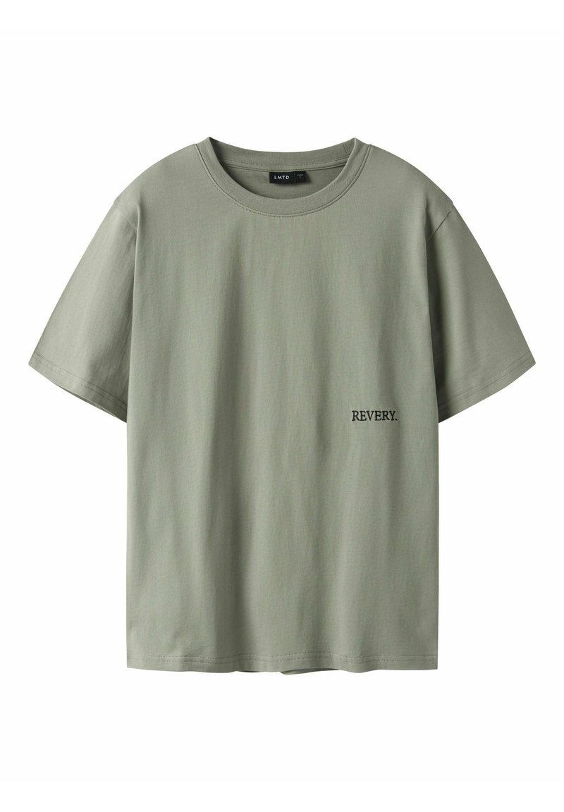Green cotton t-shirt, relaxed fit, short sleeves, round neckline, featuring "REVERY." text in black on the left side near the hem.