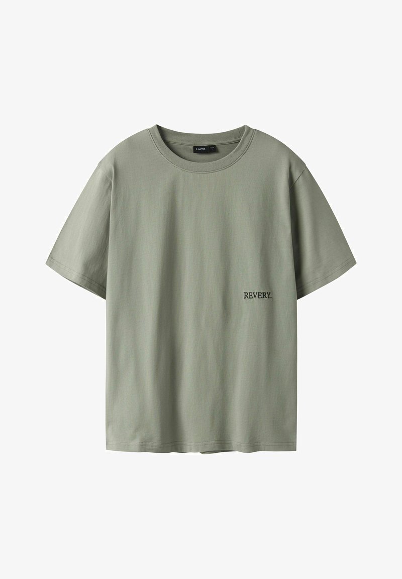 Green cotton t-shirt, relaxed fit, short sleeves, round neckline, featuring "REVERY." text in black on the left side near the hem.