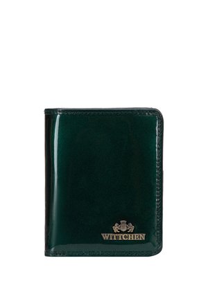 Portefeuille en cuir vert foncé brillant avec logo Wittchen doré et blason embossé à l'avant, bords carrés, fermé.