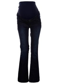 Tmavě modré rozšířené těhotenské džíny s pružným pasem přes bříško, který nabízí klasické pětikapsové provedení a texturu denimu.