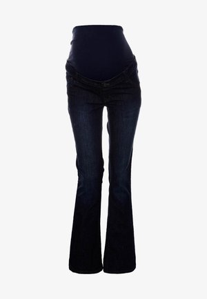 Dark blue flared maternity jeans with a stretchy over-bump waistband, featuring classic five-pocket styling and denim texture.