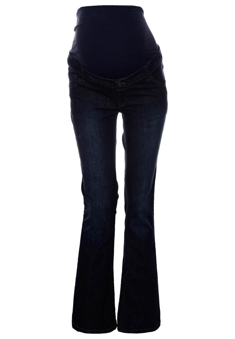 Tmavě modré rozšířené těhotenské džíny s pružným pasem přes bříško, který nabízí klasické pětikapsové provedení a texturu denimu.