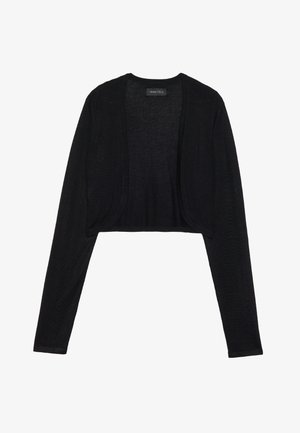 Cardigan nero corto con maniche lunghe, realizzato in un leggero tessuto a maglia. Presenta un design aperto sul davanti e bordi arrotondati.
