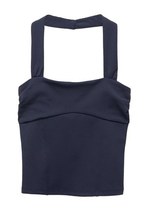 Débardeur court bleu marine avec larges bretelles carrées et ligne de buste ajustée, en tissu lisse.