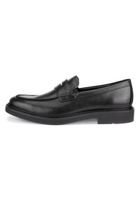 Fekete bőr loaferek, lekerekített orral, dekoratív varrással és alacsony, lapos gumitalppal. Slip-on dizájnnal és minimális részletezéssel rendelkezik.