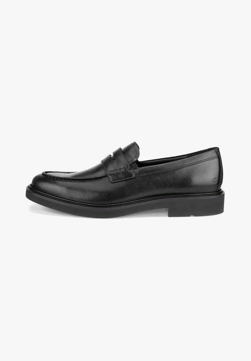 Black leather loafers with a rounded toe, decorative stitching, and a low, flat rubber sole. Features a slip-on design and minimal detailing.