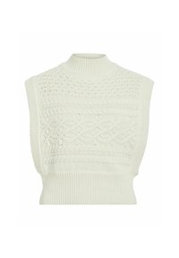 Crème kleurige mouwloze turtleneck trui met textuurpatronen, voorzien van kabelontwerpen en een geribbelde zoom. Zachte, middelgewicht brei-stof.