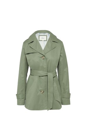 Grüner Trenchcoat mit Gürtel, Reverskragen, vorderen Knöpfen und zwei Seitentaschen. Verfügt über eine gestreifte Innenauskleidung und gerippte Ärmeldetails.