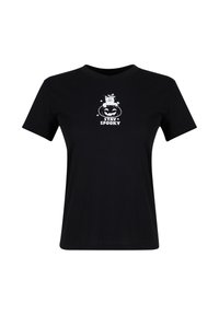 Black short-sleeve t-shirt made of cotton featuring a white graphic design with a cat and pumpkin, inscribed with "STAY SPOOKY."