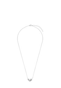 Srebrny naszyjnik z delikatnym łańcuszkiem i sercowatym wisiorkiem, gładka powierzchnia z błyszczącym wykończeniem, regulowana długość.