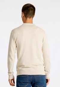 Vaaleanbeige neulepaita, jossa on pitkät hihat ja kokoontaittuva helma. Sijoitettu klassinen kaulus ja hienovarainen rakenne. Yhdistetty sinisiin farkkuihin.